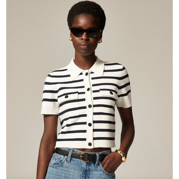 J.Crew Collared Short Sleeve Cardigan Striped Preppy Ivory Navy Small FLAWED NWT - Picture 1 of 10